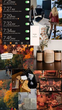 a collage of photos with autumn leaves and pumpkins