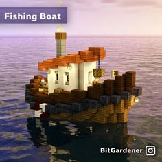 a small house floating on top of water with the words fishing boat in front of it