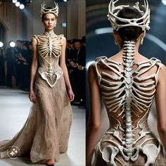 the back of a woman's dress with skeleton parts on it