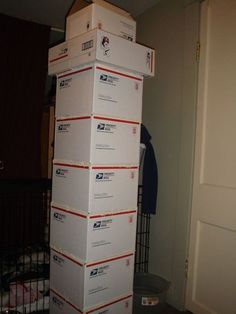 there are many boxes stacked on top of each other