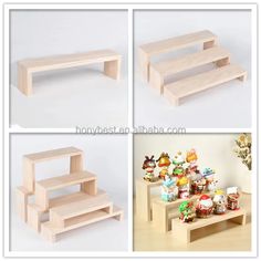 the wooden shelf is made from wood and has various decorations on it, including figurines