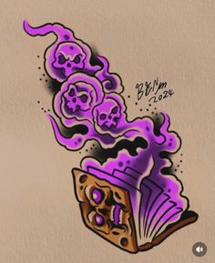 a drawing of an open book with skulls coming out of it and purple ink on the pages