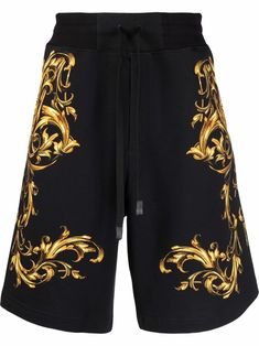 jet-black/bright-yellow cotton baroque-pattern print elasticated waistband drawstring fastening Versace Baroque, Baroque Pattern, Couture Outfits, Versace Jeans Couture, Versace Jeans, Shorts Black, Running Shorts, Swim Trunks, Black N Yellow