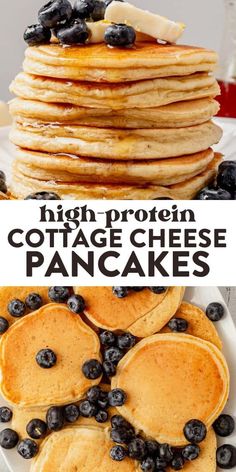 high protein cottage cheese pancakes with blueberries on top