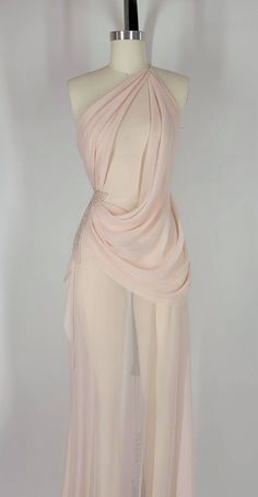 PRE-ORDER Handmade Draped Blush Pink Chiffon Sheer Mesh High Slit Crystal Ostrich Feathers Gown Dress Formal Prom Bridal Bridesmaids - Etsy Draped Chiffon Gown, Flowy Runway Dresses, Couture Chiffon Dress, Sheer Fantasy Dress, Goddess Bridesmaid Dress, Sheer Flowy Dress, Corset Drape Dress, Draped Chiffon Dress, Diy Draped Dress