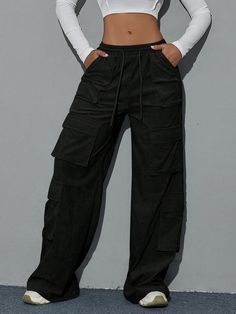 Y2k Flap Pocket Drawstring Waist Wide Leg Hip Hop Cargo Corduroy Pants Black Casual   Corduroy Plain Straight Leg Non-Stretch  Women Clothing, size features are:Bust: ,Length: ,Sleeve Length: Style Hip Hop, Black Cargo Pants, Estilo Hip Hop, Black Cargo, Soft Girl, Corduroy Pants, Black Casual, Flap Pocket, Cropped Pants