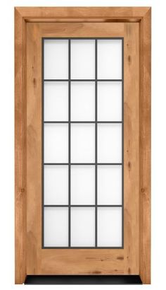 a wooden door with frosted glass panels