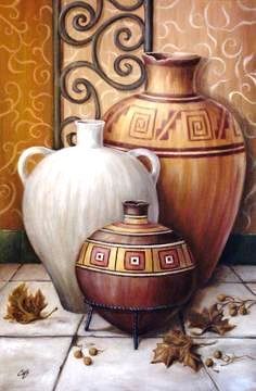 a painting of two vases sitting on a tile floor