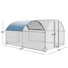 a blue and white chicken coop with the measurements for it's roof, side view