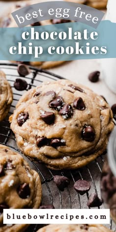 chocolate chip cookies on a cooling rack with text overlay that reads eggless chocolate chip cookies