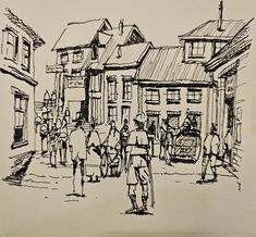 black and white drawing of people walking down the street