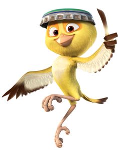 a yellow bird with wings and a hat on its head is holding a stick in one hand