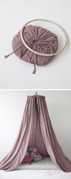 two pictures of a bed with a canopy and pillows on the bottom one is made out of fabric