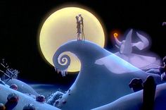 an animated scene with two people standing on top of a snow covered hill in front of a full moon