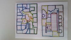 there are two pictures on the wall that have been drawn in different colors and shapes