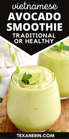 two glasses filled with green smoothie sitting on top of a wooden cutting board next to each other