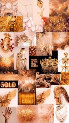 a collage of gold and white images