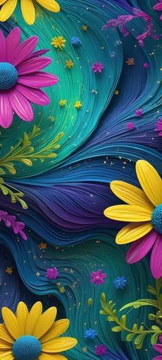 an artistic painting with flowers and swirls painted on the side of it's surface