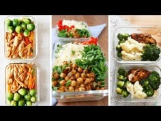 four plastic containers filled with different types of food