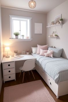 a bedroom with a bed, desk and window