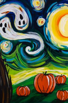 an acrylic painting of pumpkins in the grass under a starry night