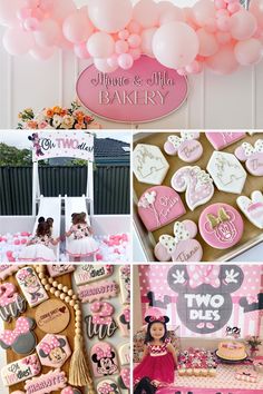 pink and white minnie mouse themed birthday party with balloons, cookies, decorations, and desserts