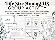 the life size among us group activity pack includes instructions for setting up crew members and imposters, mission cards, identification cards