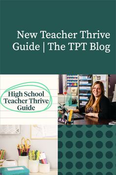 a woman sitting at a desk in front of a computer and bookshelf with the text new teacher thive guide the pt blog