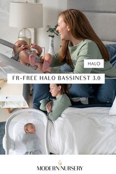 A mother using the Halo Bassinest Sleeper next to her bed as she takes a nap with her baby. Sleep