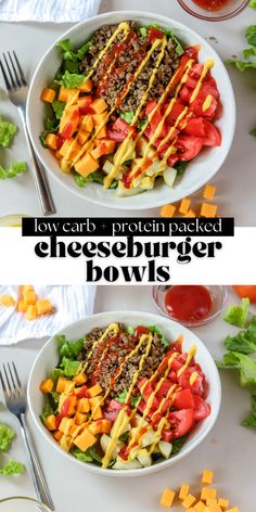 two bowls filled with cheeseburger bowls and topped with lettuce, tomatoes, cheddar dressing