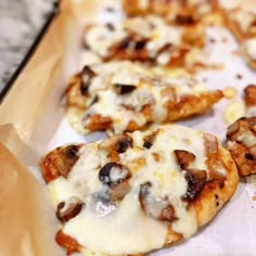 small pizzas with cheese and mushrooms are on the tray ready to be eaten or served