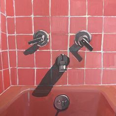 two black faucets in a red tiled bathtub next to a wall mounted soap dispenser