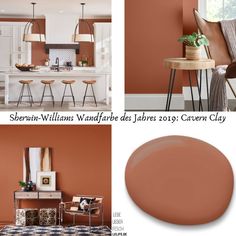 the interior is painted in shades of orange and brown, while the kitchen has an island with stools on it