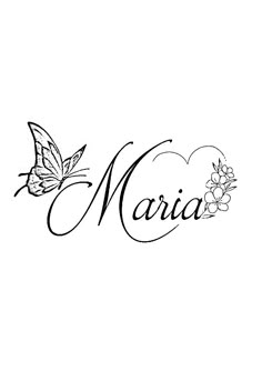 the word maria written in cursive writing with a butterfly