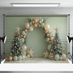 an image of christmas decorations on display in front of a brick wall with lights and balloons