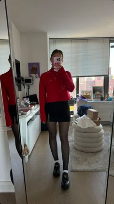 Red Sweater With Black Skirt, Red Top Winter Outfits, Red Sweater Black Skirt Outfit, Turtleneck With Shirt Over, Red Skirt Outfit Aesthetic, Red Top Black Skirt, Red Plaid Skirt Outfit, Black Skirt Outfit Winter, Red Skirt Outfit