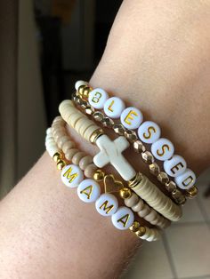 Saying Bracelets, Mothers Day Bracelet Ideas, Mother’s Day Bracelet Ideas, Sayings To Put On Bracelets, Beaded Mom Bracelet, Mother’s Day Bracelet, Church Bracelets, Heishe Bracelet, Mother's Day Gift Stackable Beaded Bracelets