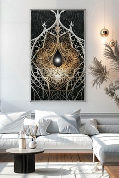 a living room filled with white furniture and lots of pillows on top of a wooden floor