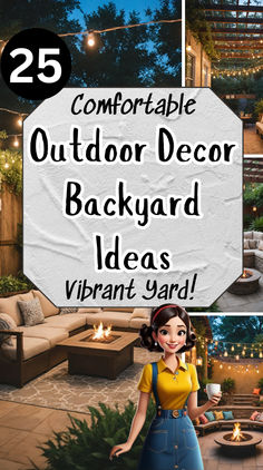 an outdoor patio decorated with lights and string lights for the night time, is featured in this