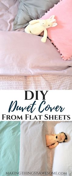 an unmade bed with pink and blue sheets on it, and the words diy blanket cover from flat sheets