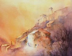 watercolor painting of an old building on a hill