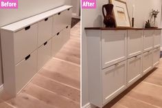 before and after shots of white cabinets in a room with wood floors, one has a brown vase on top