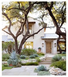 a house with lots of trees in front of it and landscaping on the side walk