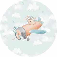 a drawing of an airplane with a baby on it's back flying through the sky