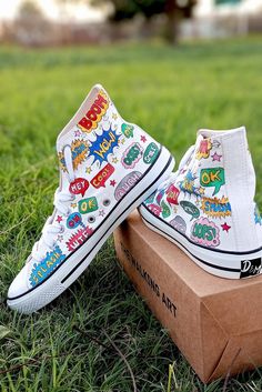 "⭐ FREE SHIPPING ⭐ Do you want to make a statement with your footwear? Pop Art Canvas Shoes are a truly original way to express yourself and inspire new fashion trends. Here are some benefits of our product: ⭐ Unique and eye-catching design ⭐ Comfortable Shoes and lightweight ⭐ Versatile style that can be dressed up or down Why not try something different and make heads turn with our Pop Art painted sneakers? Order now and see for yourself how much fun they are to wear! Add your personalization: Hand Painted Sneakers For Women, Shoe Art Diy, Painted White Shoes, Pop Art Shoes, Paint Outfit, Art On Shoes, Custom Painted Converse, Customize Sneakers, Custom Chucks