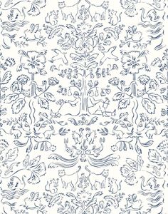 a blue and white wallpaper with animals, flowers and trees on it's side