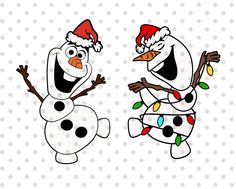 two cartoon snowmen wearing christmas hats and scarves