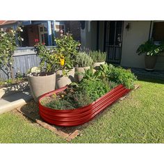 a red garden bed with plants in it