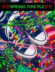 a pair of black sneakers sitting on top of colorful beads with the caption spr8d this plz