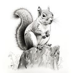 a pencil drawing of a squirrel sitting on top of a tree stump looking at the camera